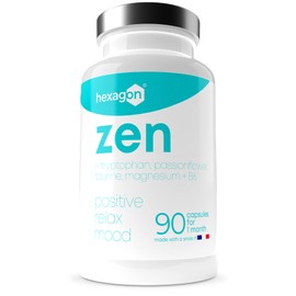 ZEN Anti-Stress Magnesium Bisglycinate, Passion Flower, L-Tryptophan, Taurine, Vitamin B6 - Natural Anxiolytic - +1 Month Treatment - 90 Vegetable Capsules Hexagon