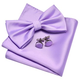 GUSLESON Mens Solid Color Double Fold Pre-tied Bow Tie and Pocket Square Cufflink Set with Gift Box, Lavender Lilac, general