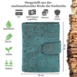 Simaru Women's Cork Wallet with RFID Protection, Vegan Wallet for 10+ Cards, Notes & Coins, Sustainable Wallet, turquoise, Vintage