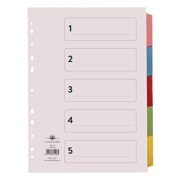 Concord Subject Dividers 230 Micron 5-Part Printed A4 Assorted Ref
