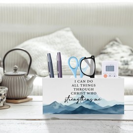 Exqcom I Can Do All Things through Christ Christian Pen Pencil Holder, Inspirational Christian Desk Decor, Religious Scripture Mountains Pencil Pen Holder Organizer for Home Office Desk Accessories