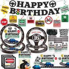 16th Birthday Decorations for Boys, Driver's License Party Banner Plates and Napkins Set License to Drive Tablecloth Decorations Car Theme Drivers License 16 Birthday Decorations Boy