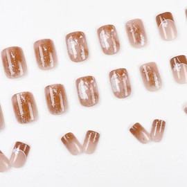 Nail Tip, Short, Medium, 24 Pieces, False Nails, Nail Tip, Brown Brown, Silver Foil, Flowers, Popular, Japanese Style, Cute, Simple, Fashionable Party, Autumn, Spring, Summer, Daily Life, Bridal Nail