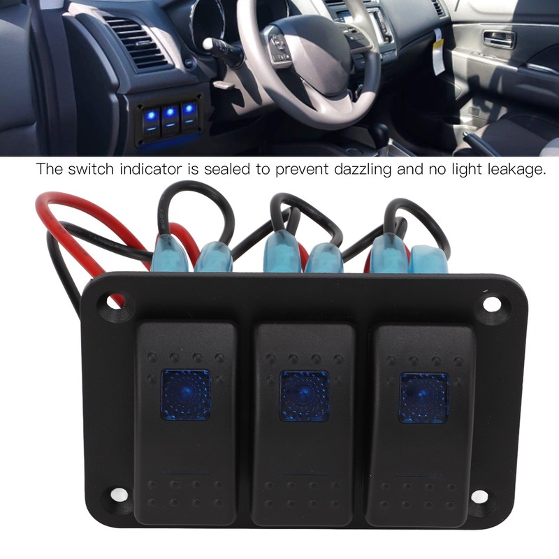3 Gang Rocker Switch Overcurrent Protection LED Blue Backlit IP65