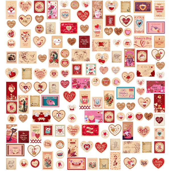 420 PCS Kraft Valentine Stickers, Vibrant Heart Stickers Self-Adhesive Love Decoration Labels, Use for Couple, Valentine's Day, Gifts, Wedding, Anniversary, Scrapbook Decors (15 Sheets)