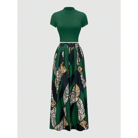 HBQ Women 2 Piece Outfits Short Sleeve Top and Flowy Flare Pants Lounge Sets Tracksuit-XXL-Green Print