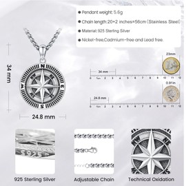 Eusense Compass Necklace 925 Sterling Silver Compass Pendant Chain Gifts for Father's Day Graduation Gift Jewellery for Men Women, Sterling Silver, No Gemstone
