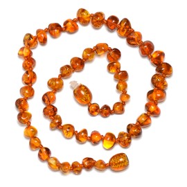 Genuine Baltic Amber Necklace - Polished Beads - Cognac Color - Knotted Between Beads - 34cm Long