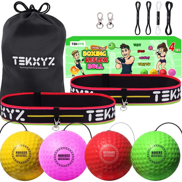 TEKXYZ Boxing Reflex Ball Family Pack, 4 Different Boxing Ball with Headband, Softer Than Tennis Ball, Perfect for Reaction, Agility, Punching Speed, Fight Skill and Hand Eye Coordination Training