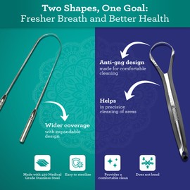 GuruNanda Spoon & U-Shaped Tongue Scraper Variety Pack (2 Pack) with Travel Case, 420 Medical Grade Stainless Steel, Promotes Fresh Breath & Oral Care