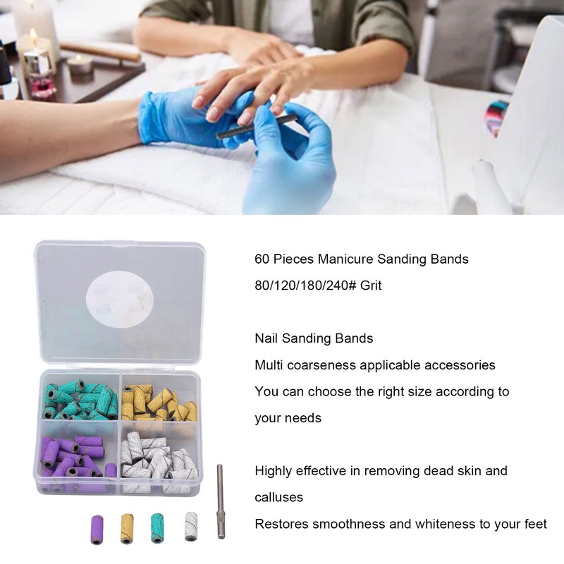 60pcs Nail Sanding Bands with Mandrel Bit Manicures Tool Professional
