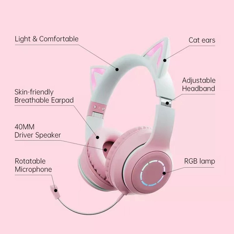 RGB Light Cat Ear Headphone, Foldable 3.5mm Wired Wireless BT