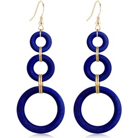 JIMARIN Bohemian Handmade Natural Wooden Circle Round Hoop Splicing Hook Earrings Lightweight Retro Colorful Long Wood Geometric Dangle Drop Earrings for Women (Navy)
