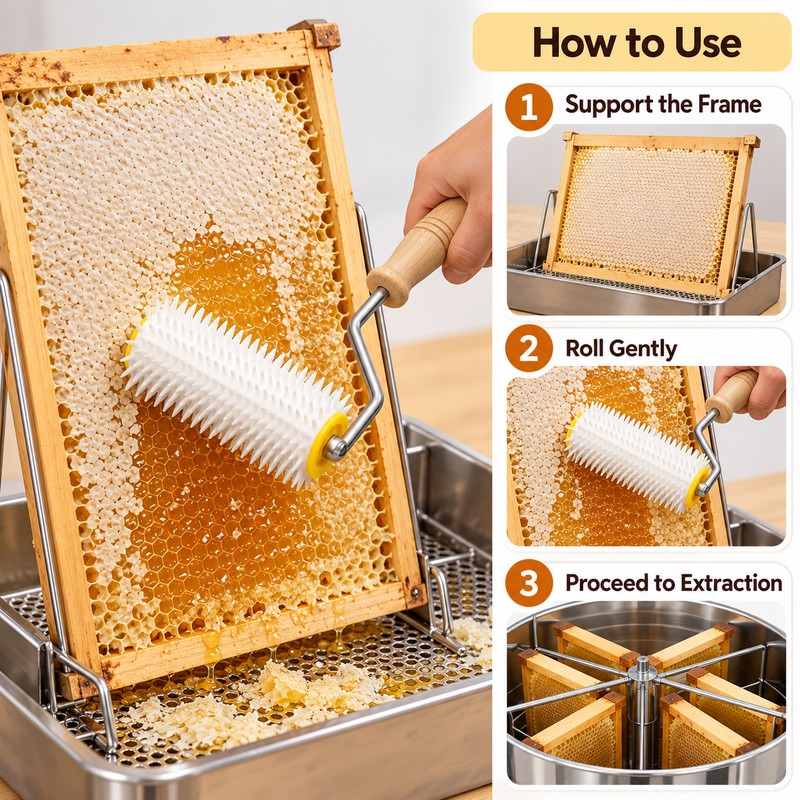 Honeycomb Uncapping Roller with Wooden Handle for Honey Extraction Preparation