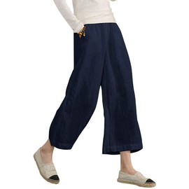 ECUPPER Womens Casual Loose Linen Elastic Wasit Ankle Pants Plus Size Cropped Trousers Dark Blue 5XL