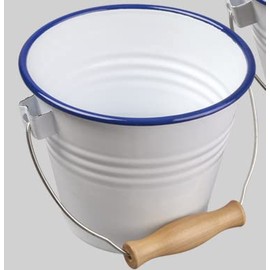 AuraHome Traditional Enamel Bucket 2 Litre White Enamel with Blue Rim and Wooden Handle Heavy Gauge Steel Height 14cm x 17cm Diameter Small Household Catering Bucket made to last a lifetime