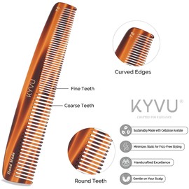 KYVU Handmade Cellulose Acetate Comb T8, 19.1 cm, FINE & COARSE Teeth, Tortoiseshell Colour, Hair Styling for Men & Women