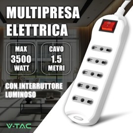 V-TAC Power Strip with Switch and Cable of 1.5 Metres, 6 Sockets 10/16 A, 2 P+T, with Plug 16 A, Electric Socket for Home, Office, Business - White