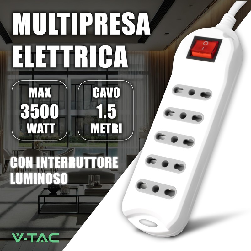 V-TAC Power Strip with Switch and Cable of 1.5 Metres,