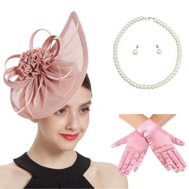 Ibeauti Fascinator Hats with Screentouch Lace Gloves Set for Women Tea Party Cocktail Wedding Derby Headwear Short Gloves (05 Pink)
