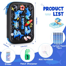 homicozy Pencil Case for Boys,Cool Shark Stationery Set for Kids,3D EVA School Pencil Box Organizer with Compartment,School Supplies for Kids Back to School Gifts