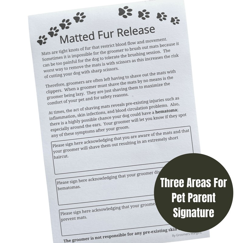Matted Fur Release Forms for Dog Grooming Salons (Pad of