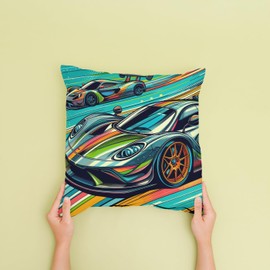 The Beach Stop Artistic Sports Car Accent Cushion Cover | Blue Green Orange Red Multicoloured Car Theme Gift Idea | 45x45cm 18x18” | Colourful Cars