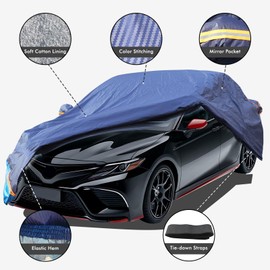 Car Cover Waterproof All Weather, 6 Layers Outdoor Full Exterior Cover Rain Sun UV Snowproof Protection with Zipper Cotton, Mirror Pocket for Toyoda Camry