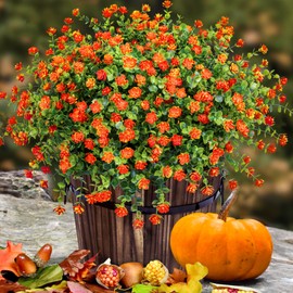 12 Bundles Artificial Fall Flowers for Outdoors Decoration, Autumn Fake Mums Plastic Plants UV Resistant Faux Flowers Lotus Shrubs for Thanksgiving Home Decor Indoor Outside Garden Porch Window Box