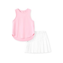 PATPAT Girls 2 Piece Tennis Skirt Set Size 10-11 Pink Tank Tops and White Skort Athletic Sets Sleeveless Tops + High Waisted Pleated Skort 2 Piece Outfits Girl Summer Clothes Workout Outfit