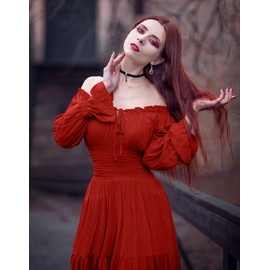 BITSEACOCO - Vestido renacentista de Halloween para mujer, disfraz medieval victoriano gótico de pirata campesina de bruja irlandesa vestidos de hadas (rojo vino, L)