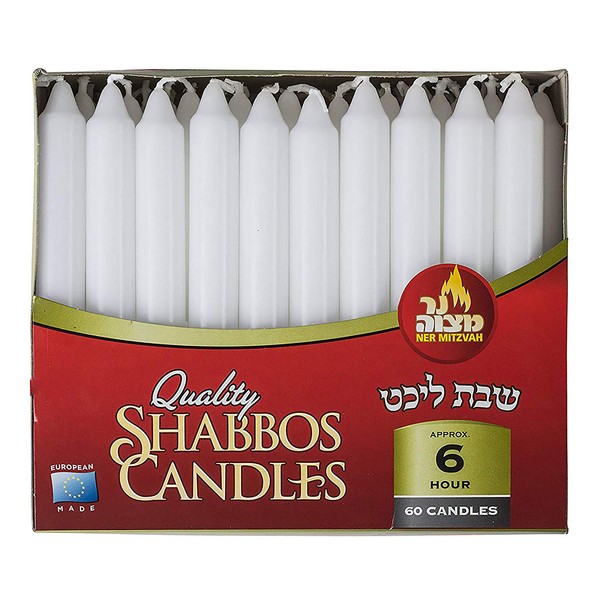 Ner Mitzvah Classic White Taper Candles – 7 Inch Candles - 60 Bulk Pack - for Shabbat Candles, Dinner Tables, Restaurants, Ceremonies and Emergency - 6 Hour Burn Time