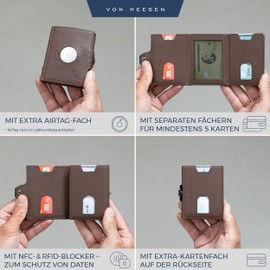 VON HEESEN Slim Wallet with RFID Protection - Mini Wallet Men & Women Small - Credit Card Holder - Wallet Small, dark brown, Without coin compartment & Airtag compartment, Without coin compartment and