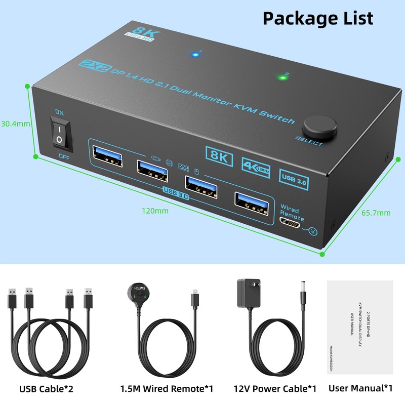 8K Displayport 1.4 + HDMI 2.1 Dual Monitor KVM Switch