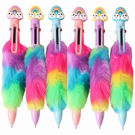 YHSMFCL Multicolor Ballpoint Pen 0.7 mm Cute kawaii Fluffy Rainbow 6-in-1 Colored Pens 6 Pcs Novelty Aesthetic 6 Colors Stationery Supplies Office Party Gifts