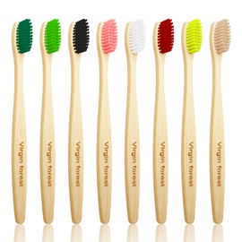 Virgin Forest Bamboo Toothbrushes, Wooden Toothbrushes, Biodegradable Eco Friendly Vegan Natural Organic Bamboo Charcoal Tooth Brush, Set of 8 Color of Medium Soft Bristles