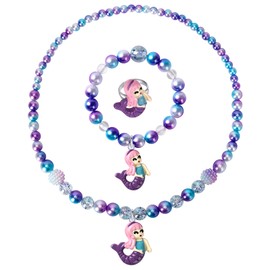Wingchold Girls Jewelry Mermaid Necklace Bracelet Ring Set Dress up Pretend Play Jewelry Gifts Kids Toddler Mermaid Party Costume Jewelry Supplies