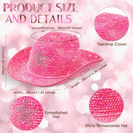 Tisancy Rhinestone Cowboy Hats for Women Cowgirl Diamond Western Disco Crystal Hat for Carnival Wedding Costume Party(Pink and Silver Star)