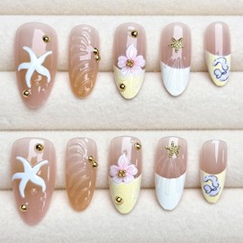 30Pcs Pink Flower Press on Nails Medium Almond French Tip Fake Nails with Gold Shell Starfish Gems Design Handmade False Nails Full Cover Artificial Glue on Nails Hawaii Stick on Nails for Women DIY