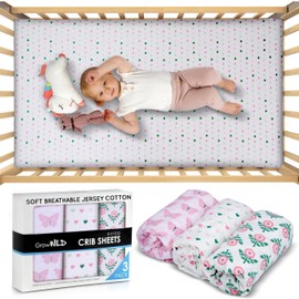 GROW WILD Crib Sheets 3 Pack - Soft & Stretchy Jersey Cotton Fitted Baby Crib Sheets for Girls, Cute Toddler Bed Sheets for Baby Girl (Hearts & Flowers)