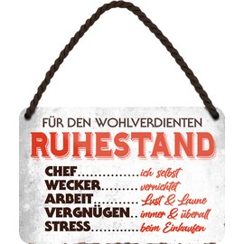 schilderkreis24 Tin Sign Funny Saying "Für den wohlverdienenten Ruhestand" Decorative Gift Idea Man Woman 18 x 12 cm