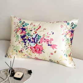 100% Pure Mulberry Silk Pillowcase Standard Size for Hair and Skin,Floral Print,Real Silk Pillow Cases with Zipper Closure,Health and Soft,Both Sides Natural Slip Silk,1pc (20"x26",Pattern1)