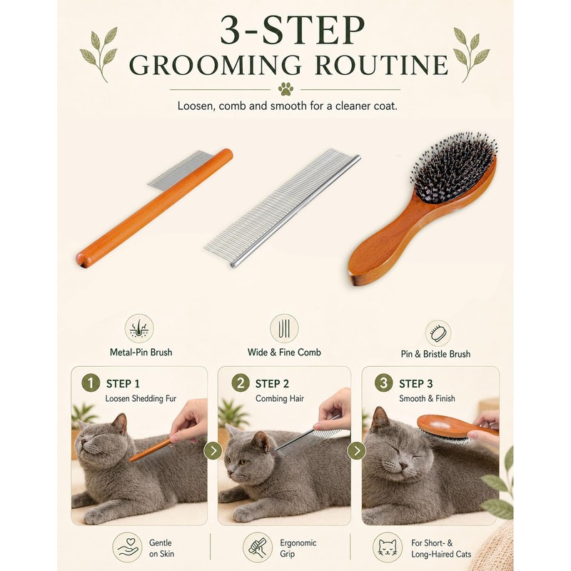 Angootao 3Pcs Natural Boar Bristle Dog Grooming Brush Set