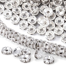 CustomyLife 100PCS Silver Plated Spacer Beads for Jewelry Making, 8mm Crystal Rhinestone Bracelet Beads Valentines Wedding Rondelle Round Necklace Earring for Women Mother