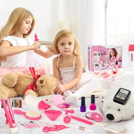 deAO 50Pcs Kids Makeup Set, Girl's Make-Up Kit, Pretend Hairdressing Salon Toy Set Girls Styling Beauty Fashion Kit Pretend Role Play Makeup Accessories Playset For Children