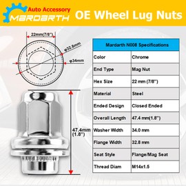 Set of 20, 14x1.5mm OEM Style Factory 1.80 Inch 7/8 22mm Hex Mag Washer Lug Nuts Compatible with Sequoia Landcruiser Tundra Lexus LX