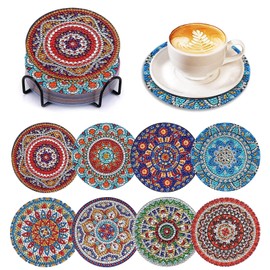 Businey 8 Pcs Diamond Painting Coasters, Diamond Art Kits Adults with Holder，DIY Mandala Diamonds Art Coaster Kits for Beginners Adults Craft Supplies