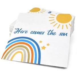 100 Pcs Here Comes The Son Baby Shower Decorations Rainbow Boho Cocktail Beverage Napkins Disposable Paper Dessert Napkin for Boys Kids Birthday Party Supplies