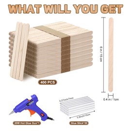400PCS Jumbo Wooden Craft Popsicle Sticks Kits, 6 inch Natural Wood Sticks with Hot Glue Gun and Sticks for Ice Pops Waxing Hair Removal and Wax Supplies Classroom DIY Craft Project Tongue Depressor