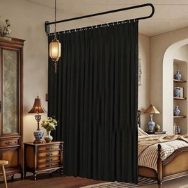 GODNOEI U-Shape Room Divider Privacy Partition Curtains Metal Support Wall Mounted Curtains for Fitting Room Beauty Salon Bedroom Hospital SPA (7.2ft Black)